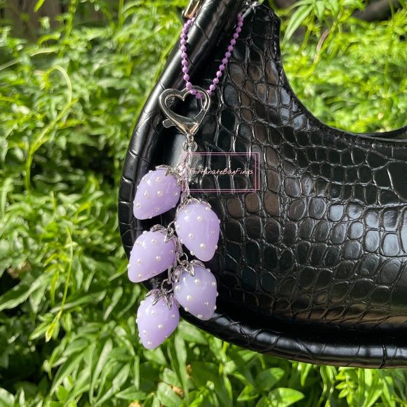 Lilac Lavender Baby Purple Jelly Pearl Heart Strawberry Cluster Bag Charm SILVER - Picture 5 of 8